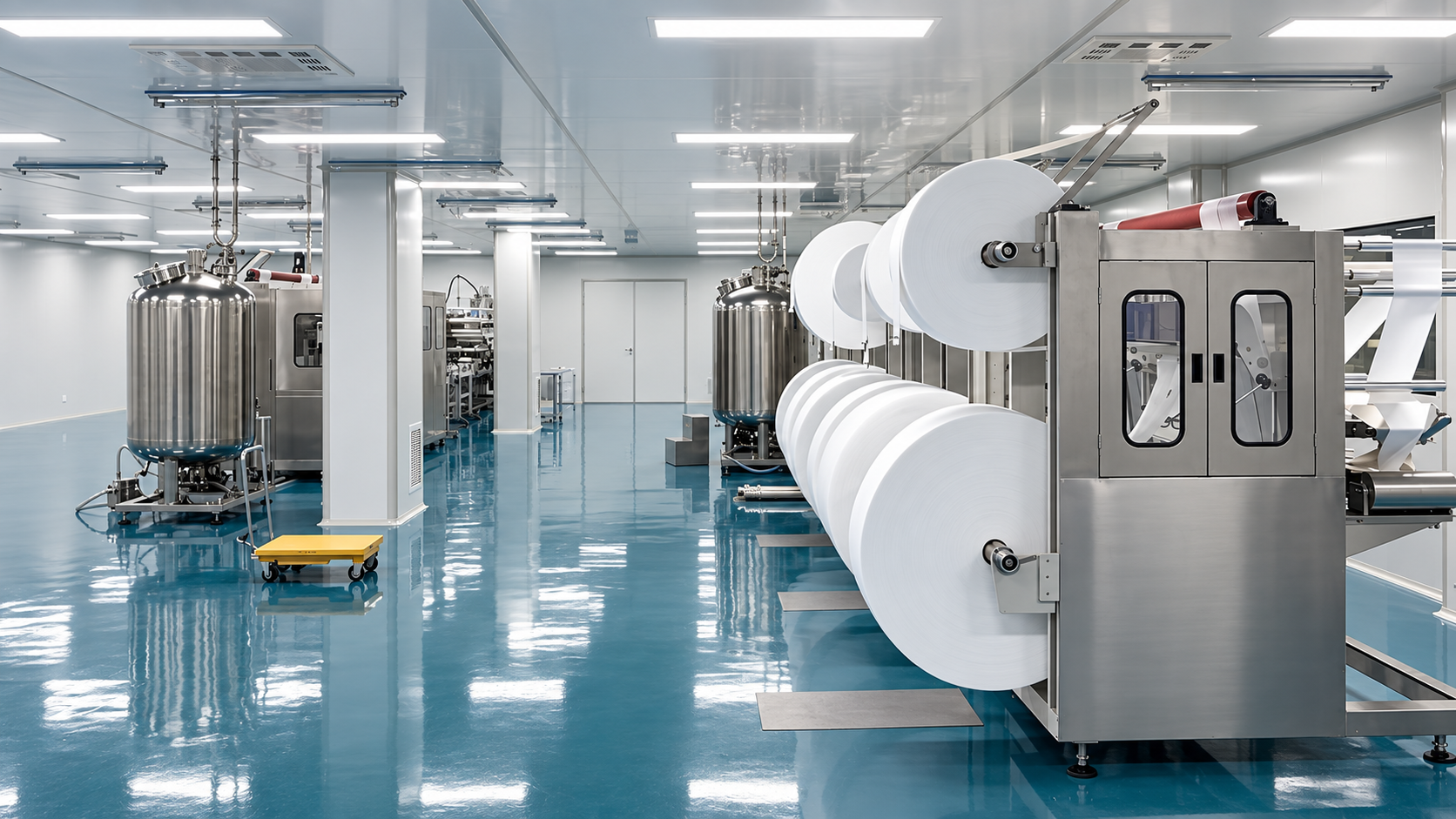 Wet wipes manufacturing equipment in a clean production environment